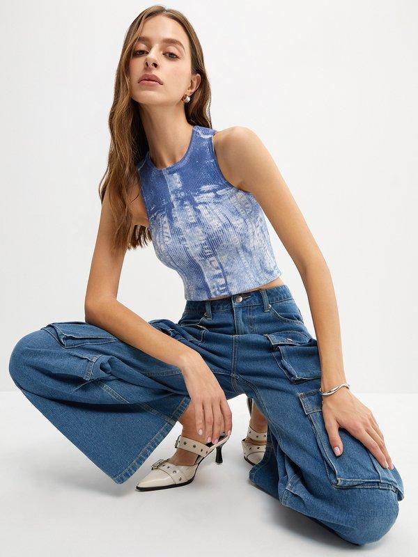 Pomelo Pomelo Trompe L'oeil Knitted Sleeveless Top - Blue