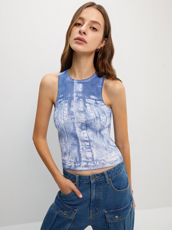 pomelo Pomelo Trompe l'oeil Knitted Sleeveless Top - Blue