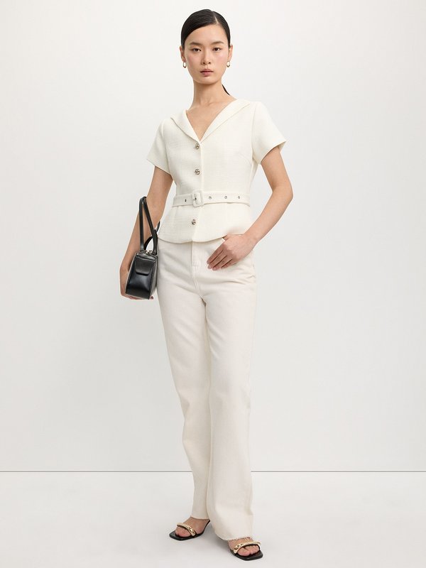 Pomelo Pomelo Tweed Belted Shirt Sleeve Blazer - Off-White