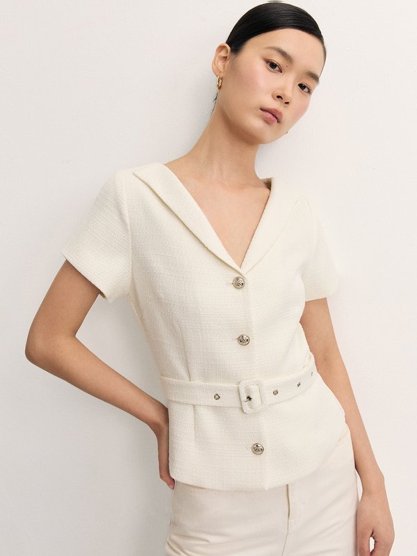 Pomelo Pomelo Tweed Belted Shirt Sleeve Blazer - Off-White