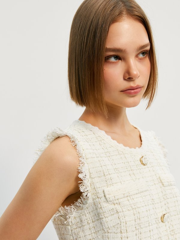 Pomelo Pomelo Tweed Sleeveless Button Mini Dress - Cream