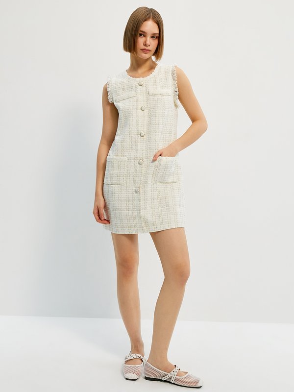 Pomelo Pomelo Tweed Sleeveless Button Mini Dress - Cream
