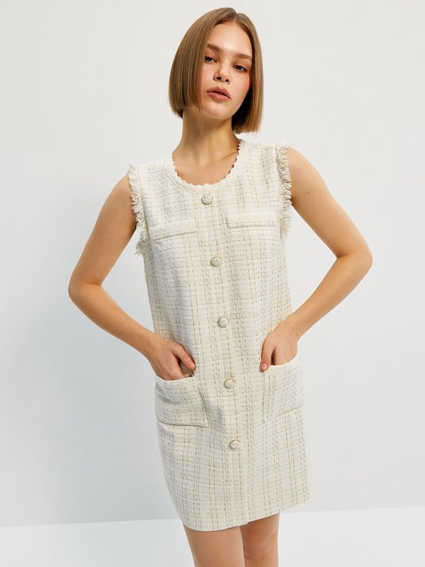 pomelo Pomelo Tweed Sleeveless Button Mini Dress - Cream