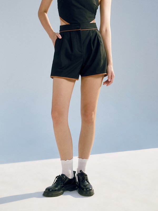 Pomelo Pomelo Two-Tone High Waist Shorts - Black/Brown