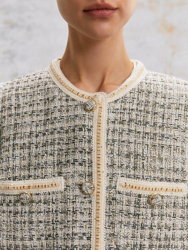 Pomelo VERSE Contrast Trim Tweed Jacket - Light Grey