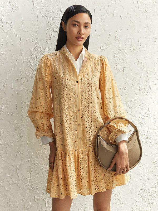 Pomelo VERSE Embroidered Knee Length Dress - Beige