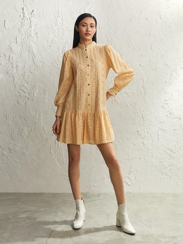 Pomelo VERSE Embroidered Knee Length Dress - Beige