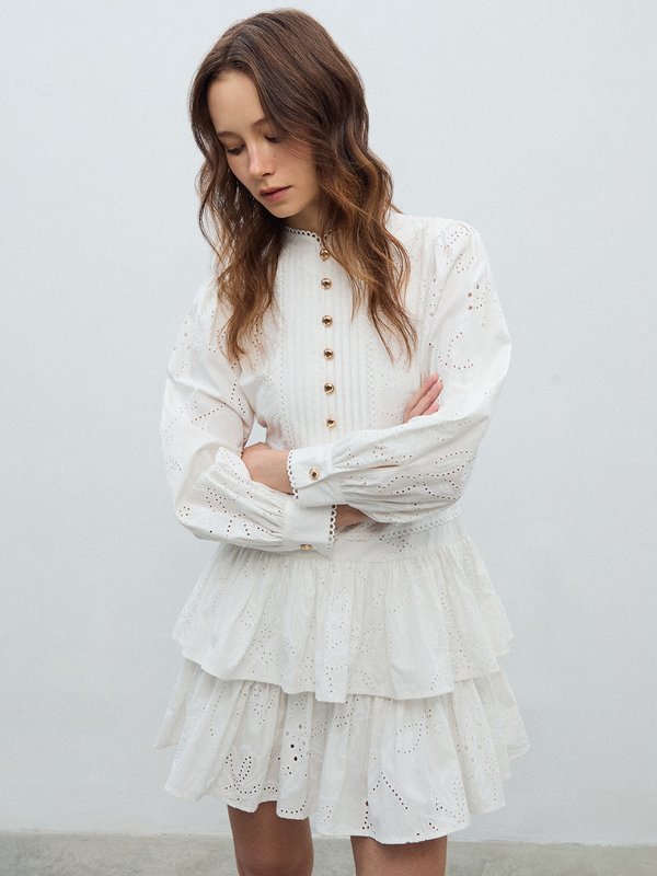 Pomelo VERSE Eyelet Ruffle Dress - White