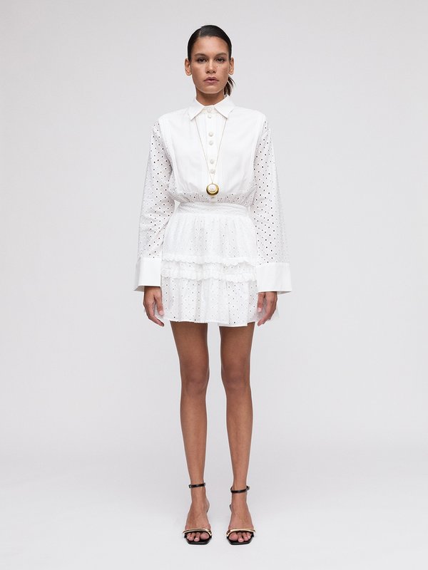 Pomelo VERSE Eyelet Ruffled Shirt Dress - White