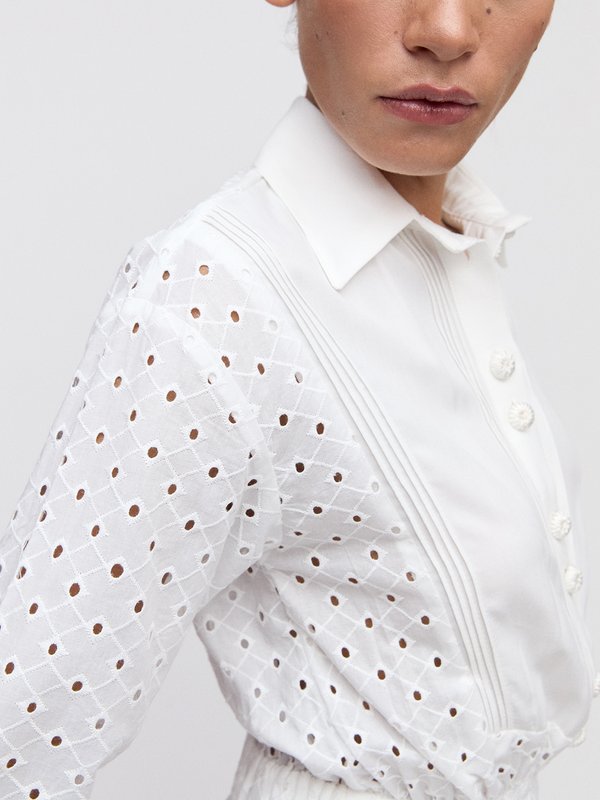 Pomelo VERSE Eyelet Ruffled Shirt Dress - White