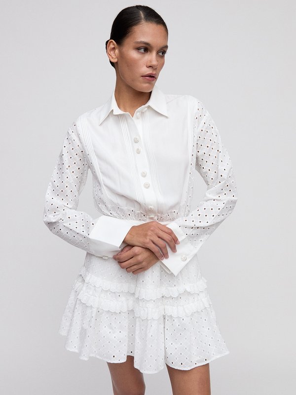 pomelo VERSE Eyelet Ruffled Shirt Dress - White