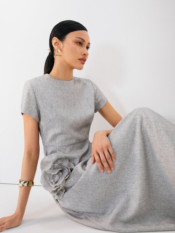 Pomelo VERSE Floral Flared Dress - Light Grey