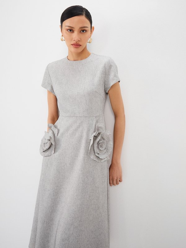 pomelo VERSE Floral Flared Dress - Light Grey