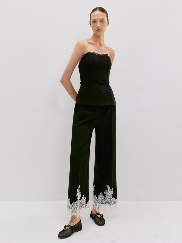 Pomelo VERSE Floral Lace Hem Pants - Black