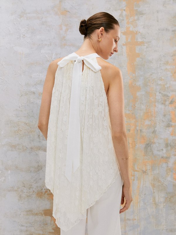 Pomelo VERSE Floral Lace Sheer Halter Top - White