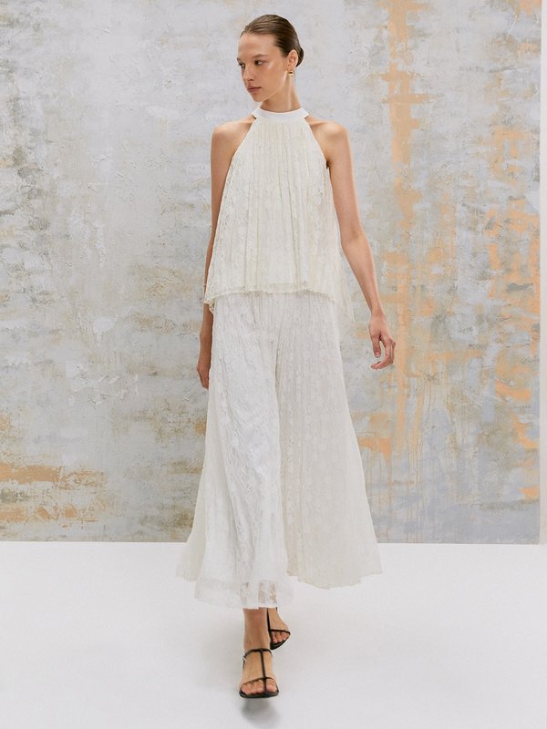 Pomelo VERSE Floral Lace Sheer Halter Top - White