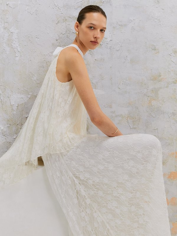 pomelo VERSE Floral Lace Sheer Halter Top - White