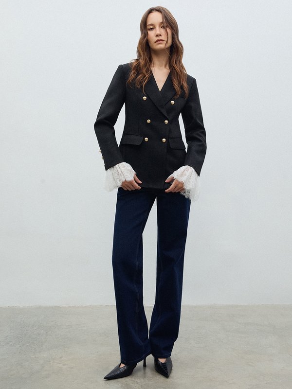 Pomelo VERSE Lace Sleeve Blazer - Black