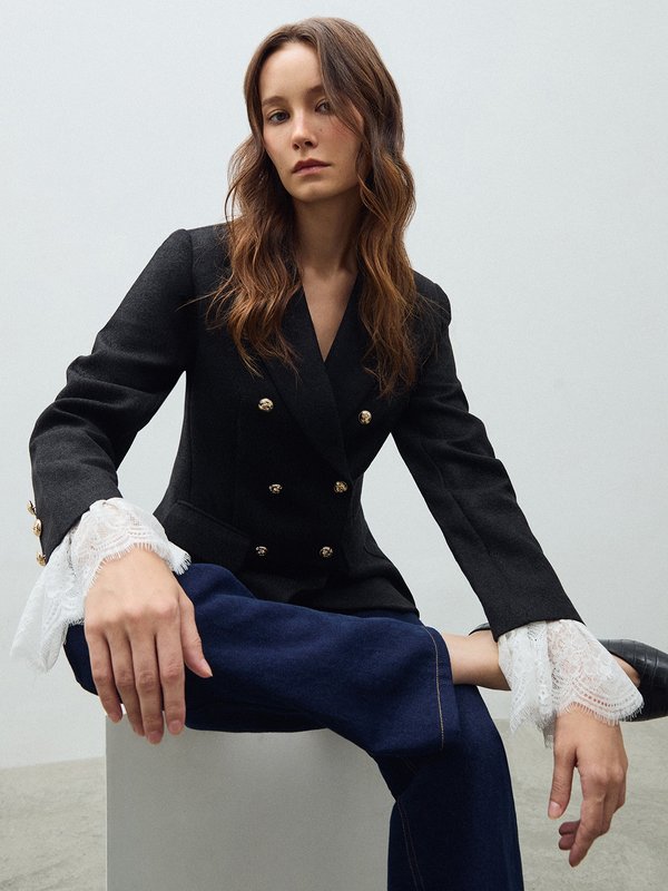 pomelo VERSE Lace Sleeve Blazer - Black