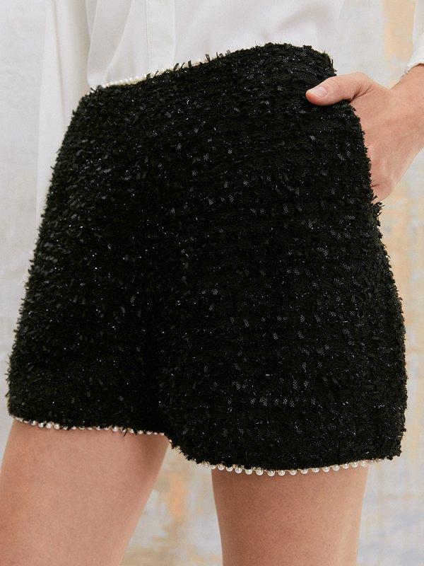 pomelo VERSE Pearl Beaded Hem Tweed Shorts - Black