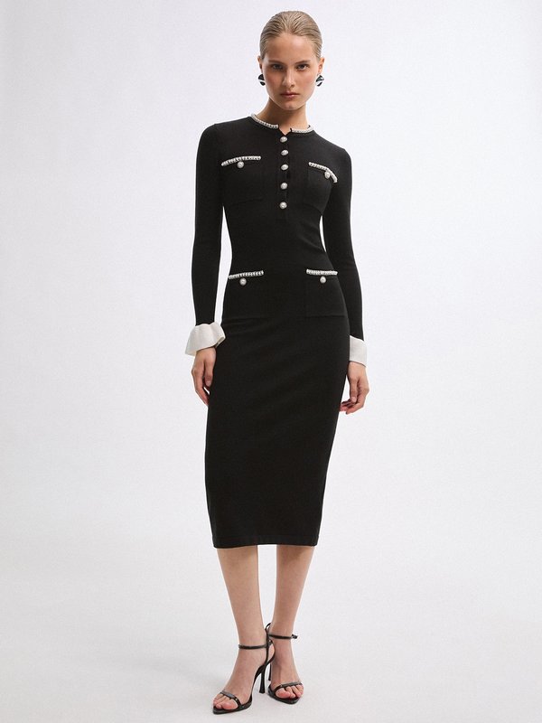 Pomelo VERSE Pearl Crystal Embellished Dress - Black