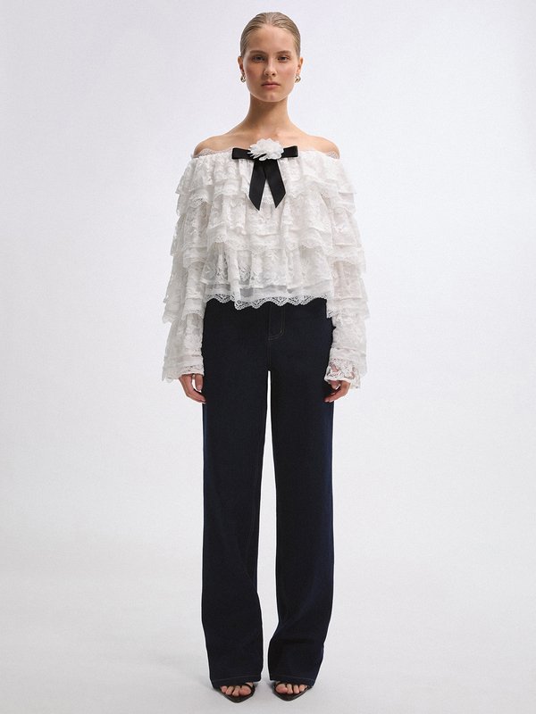 Pomelo VERSE Ruffled Lace Blouse - White
