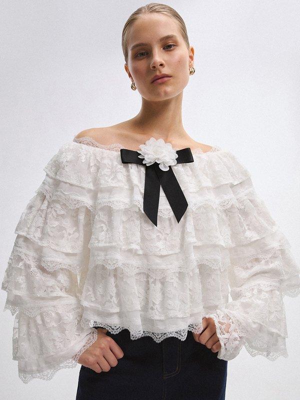 Pomelo VERSE Ruffled Lace Blouse - White