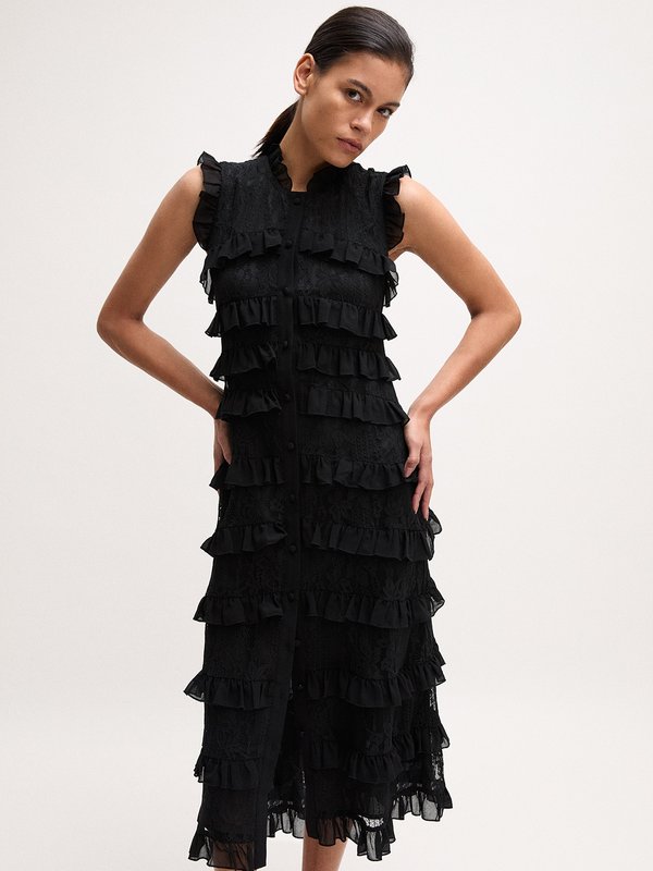 pomelo VERSE Ruffled Lace Dress - Black