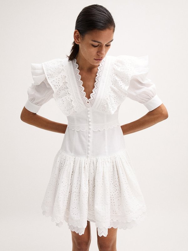 pomelo VERSE Ruffled Lace Dress - White