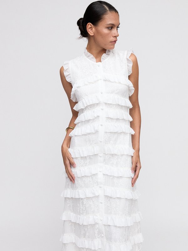 pomelo VERSE Ruffled Lace Dress - White