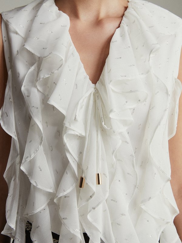 Pomelo VERSE Ruffled V-Neck Blouse - White