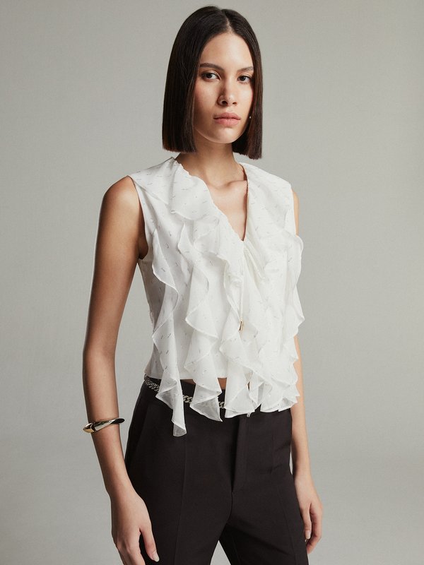 pomelo VERSE Ruffled V-Neck Blouse - White