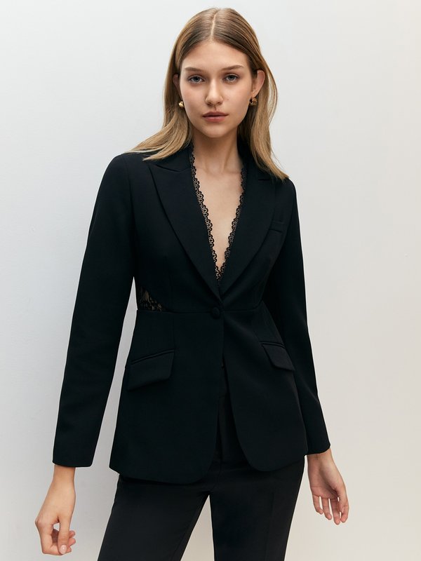 pomelo VERSE Semi-See Through Lace Blazer - Black