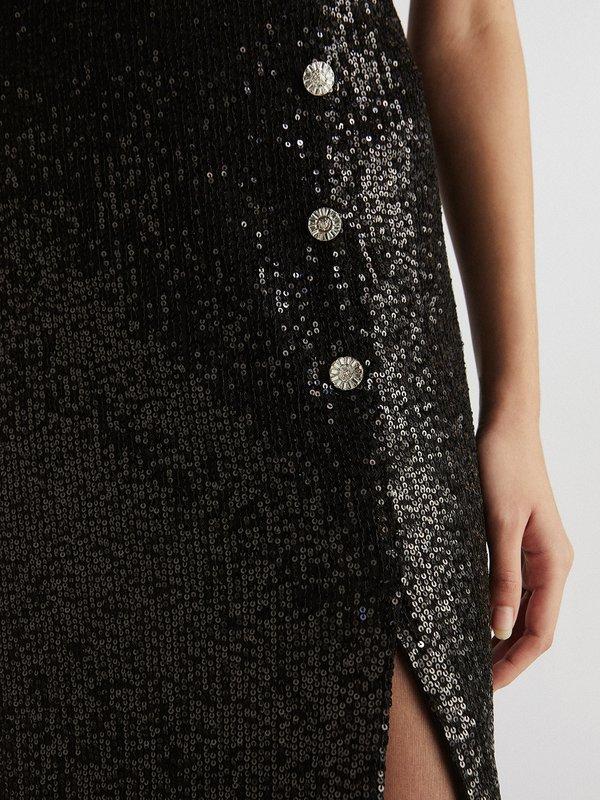 Pomelo VERSE Sequin Wrap Button Midi Skirt - Black
