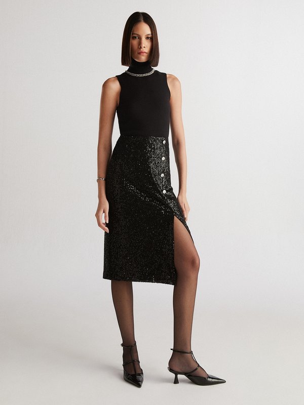 Pomelo VERSE Sequin Wrap Button Midi Skirt - Black