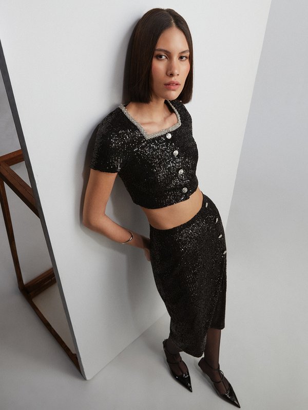 Pomelo VERSE Sequin Wrap Button Midi Skirt - Black