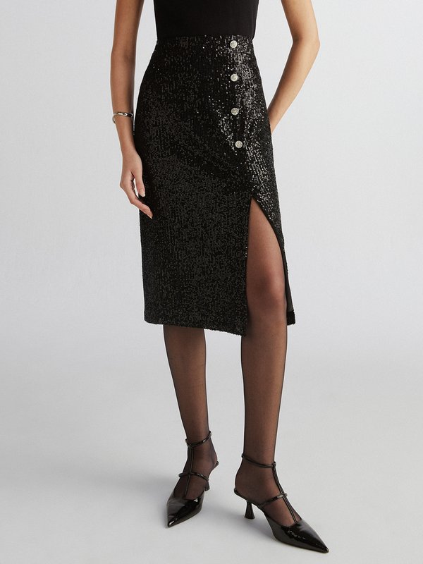 pomelo VERSE Sequin Wrap Button Midi Skirt - Black