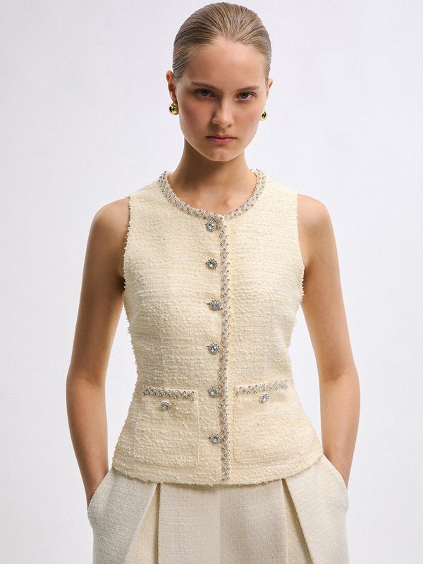 pomelo VERSE Tweed Buttoned Vest - Off-White