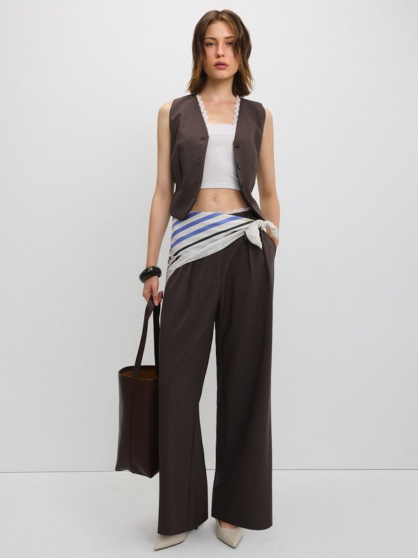 Pomelo Pomelo Wide-Leg Trousers With Lace Waistband - Brown