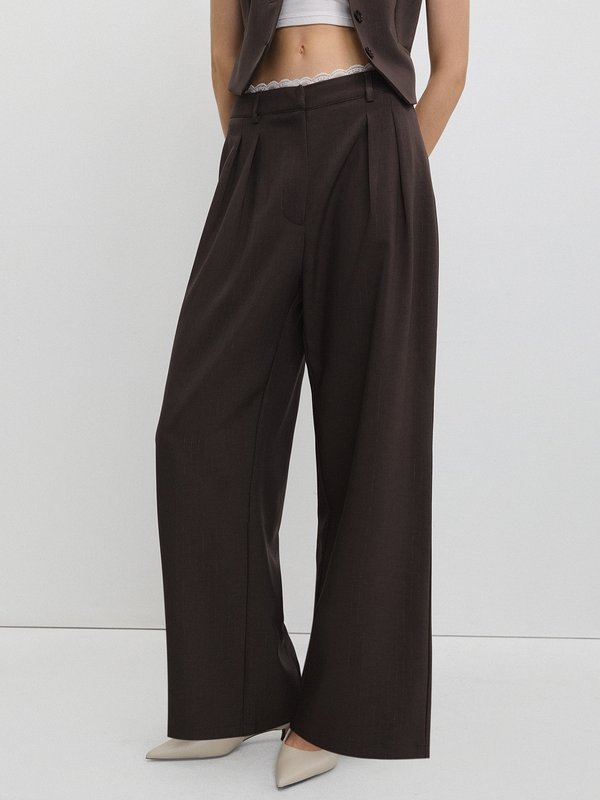 pomelo Pomelo Wide-Leg Trousers with Lace Waistband - Brown