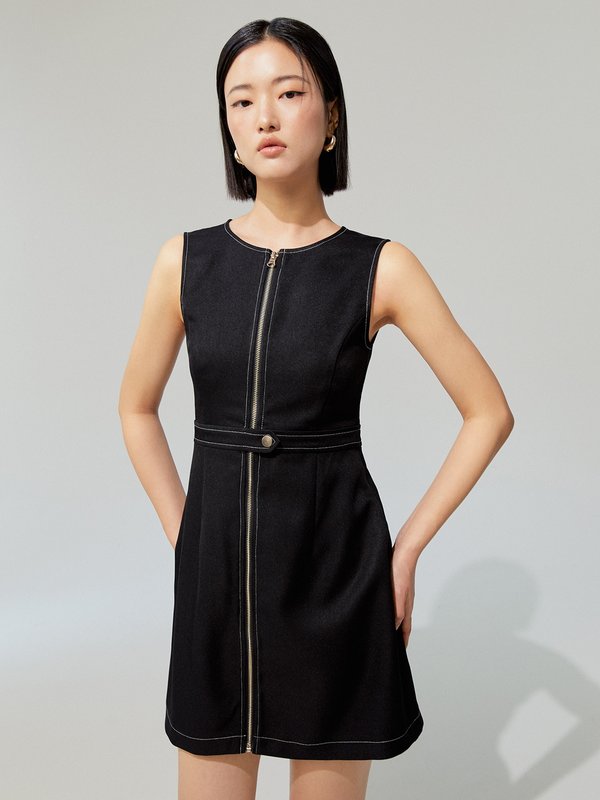 pomelo Pomelo Zipper Up Sleeveless Denim Mini Dress - Black