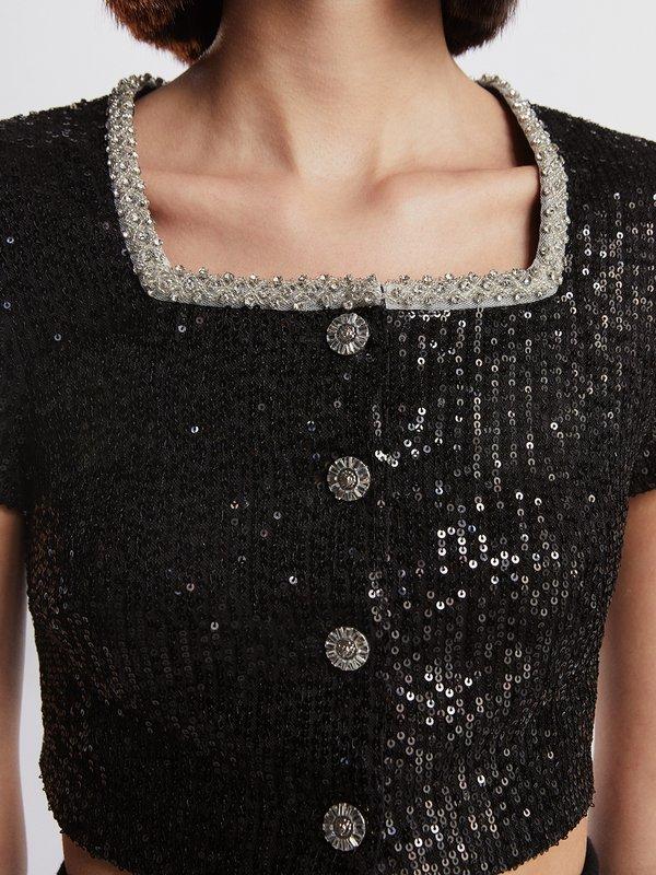 Pomelo VERSE Contrast Neckline Sequin Cropped Button Blouse - Black