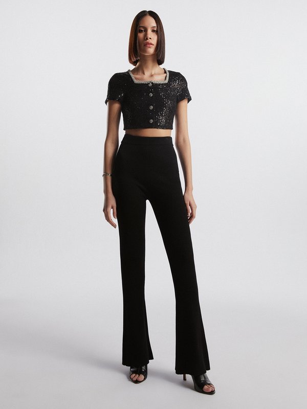 Pomelo VERSE Contrast Neckline Sequin Cropped Button Blouse - Black