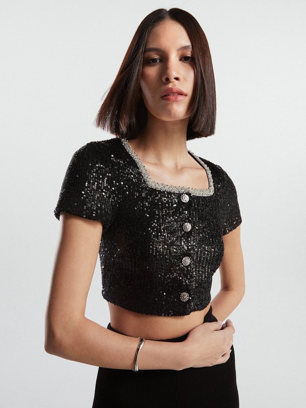 pomelo VERSE Contrast Neckline Sequin Cropped Button Blouse - Black