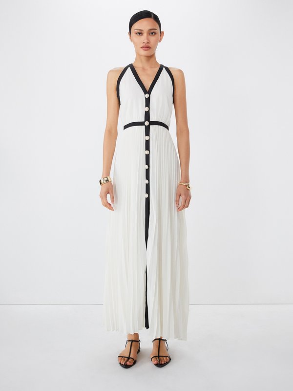 Pomelo VERSE Contrast Trim Pleated Sleeveless Maxi Dress - White