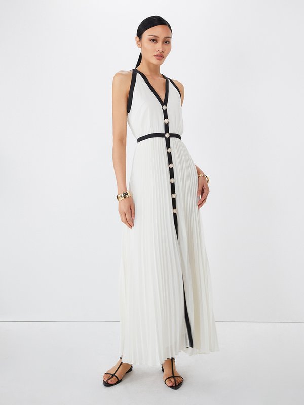 Pomelo VERSE Contrast Trim Pleated Sleeveless Maxi Dress - White