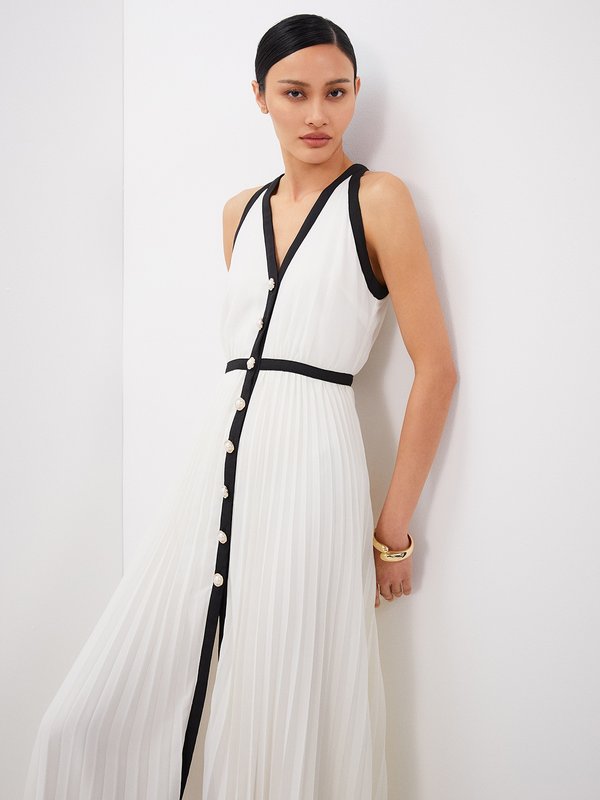 pomelo VERSE Contrast Trim Pleated Sleeveless Maxi Dress - White