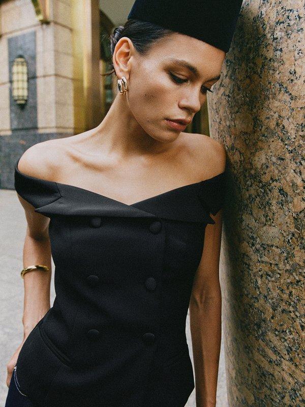 Pomelo VERSE Double Breasted Off-Shoulder Blouse - Black