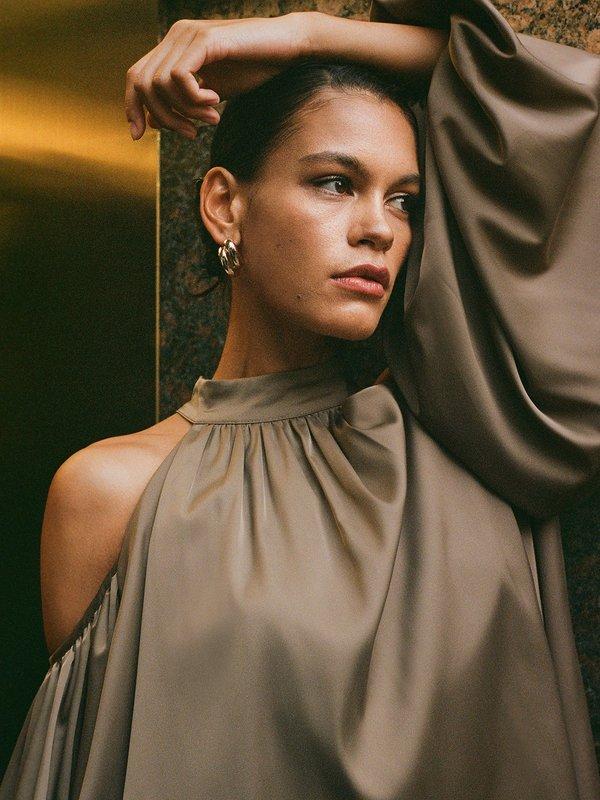 Pomelo VERSE Draped Lantern Sleeve Halter Top - Brown