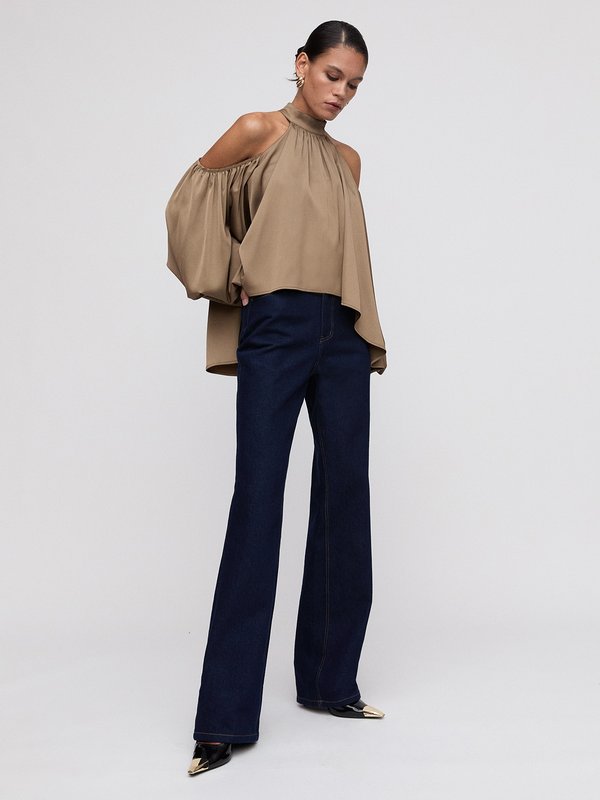 Pomelo VERSE Draped Lantern Sleeve Halter Top - Brown